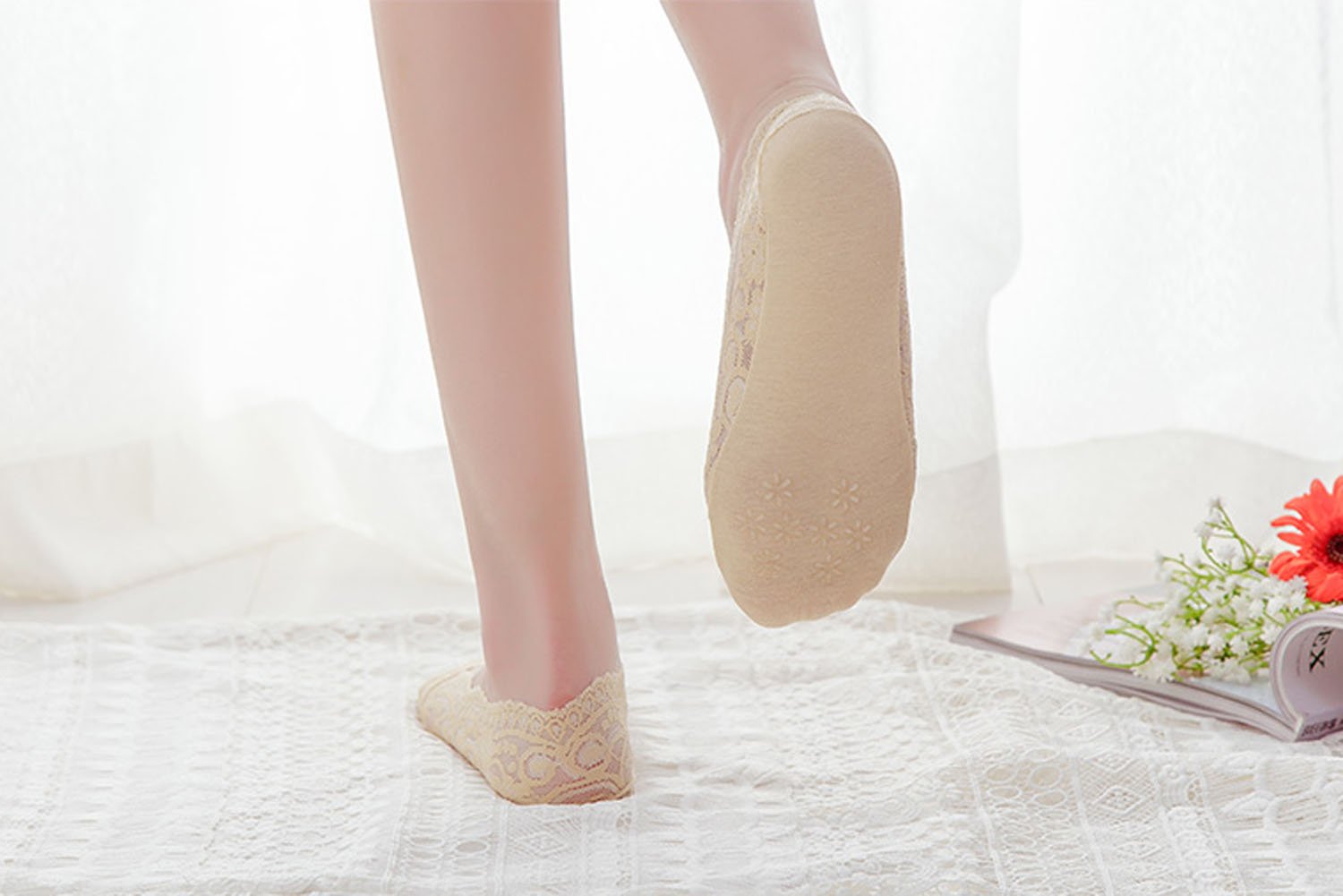 Women\'s Socks 3-6 Pairs Ultra Low Cut Nylon Casual Socks Slip Resistant Socks. (Beige-6)