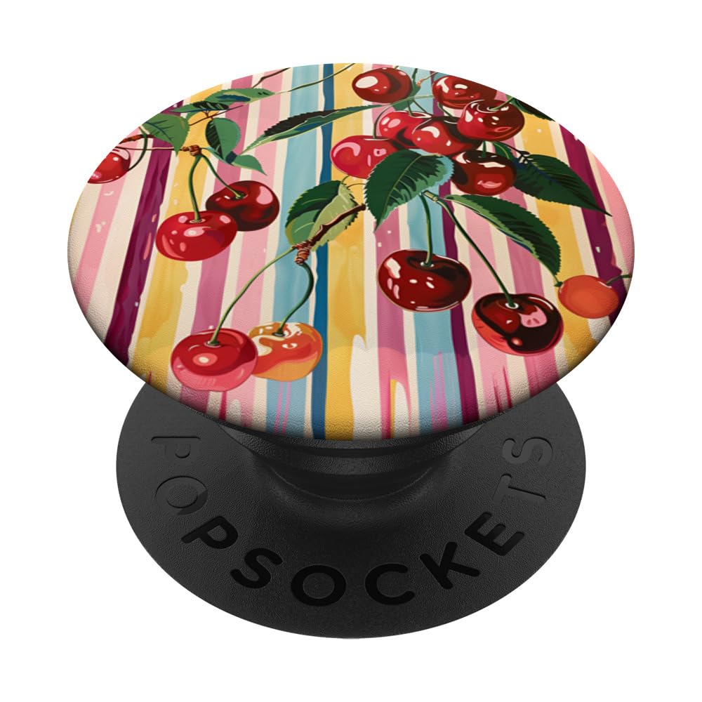 Playful Cherries Illustration on Colorful Striped Background PopSockets Swappable PopGrip
