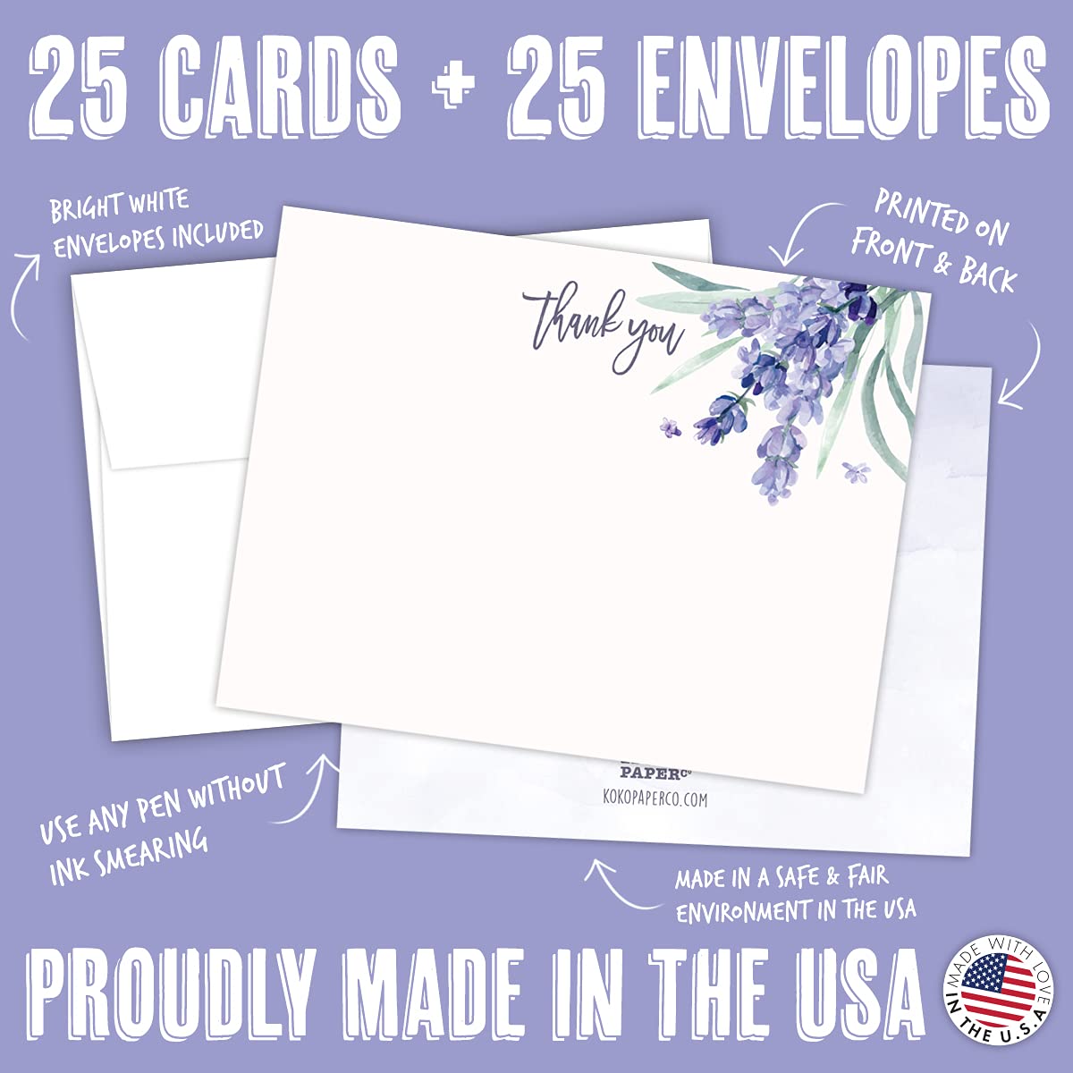 Koko Paper Co Lavender Thank You Cards | 25 Flat Cards and Envelopes | Printed on Heavy Card Stock.