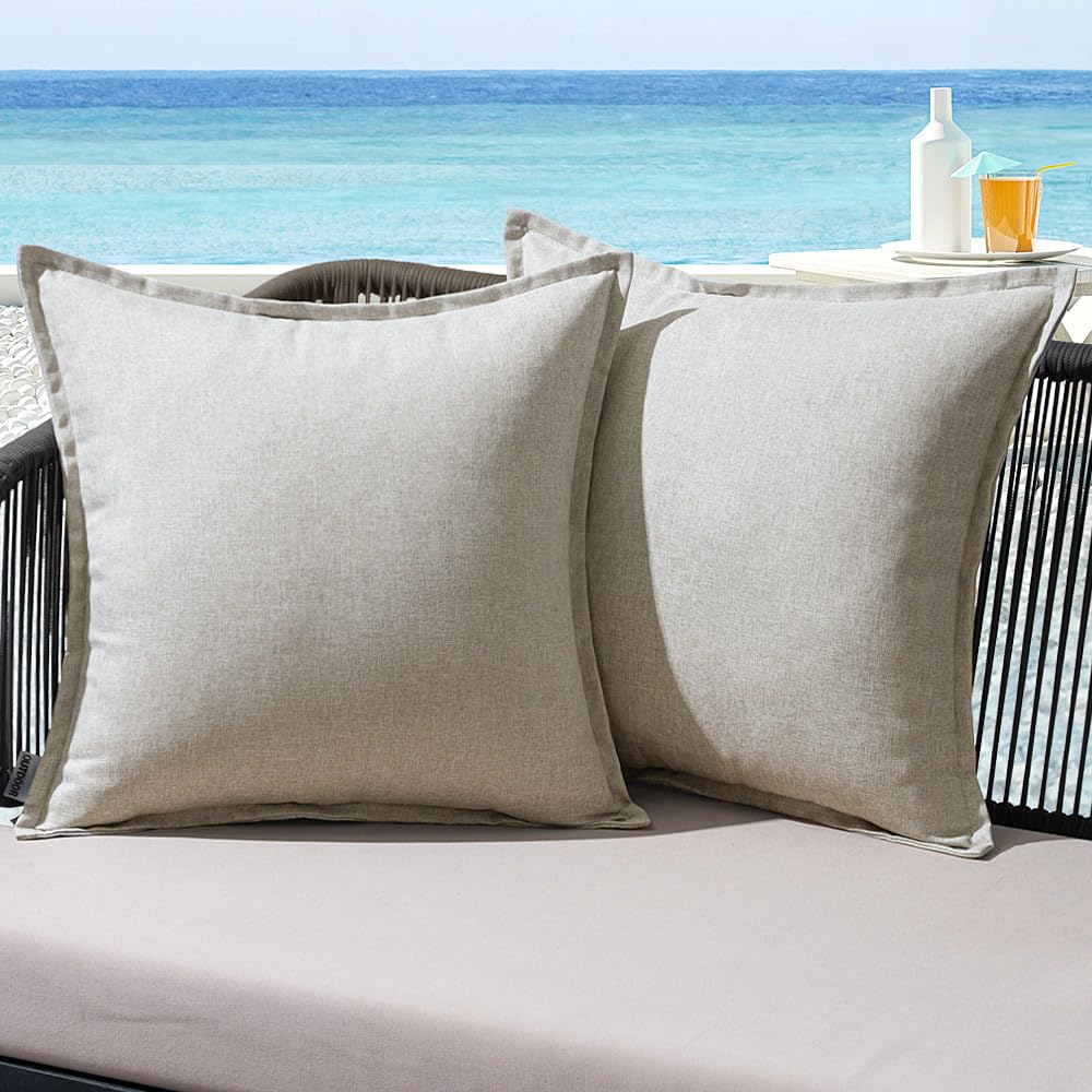 MIULEE Outdoor Cushions Waterproof Faux Linen Decorative Outside Cushion Covers Water Resistant for Garden Sofa Livingroom Chair Bedroom Tent Park Patio 45x45cm Set of 2 Grey White