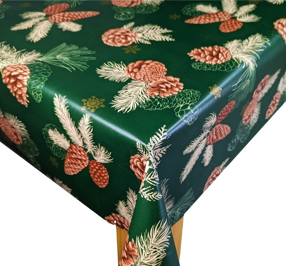 Karina Home Christmas Pine Cones Green PVC Vinyl Wipe Clean Oilcloth Tablecloth (Green, 200cm x 140cm)