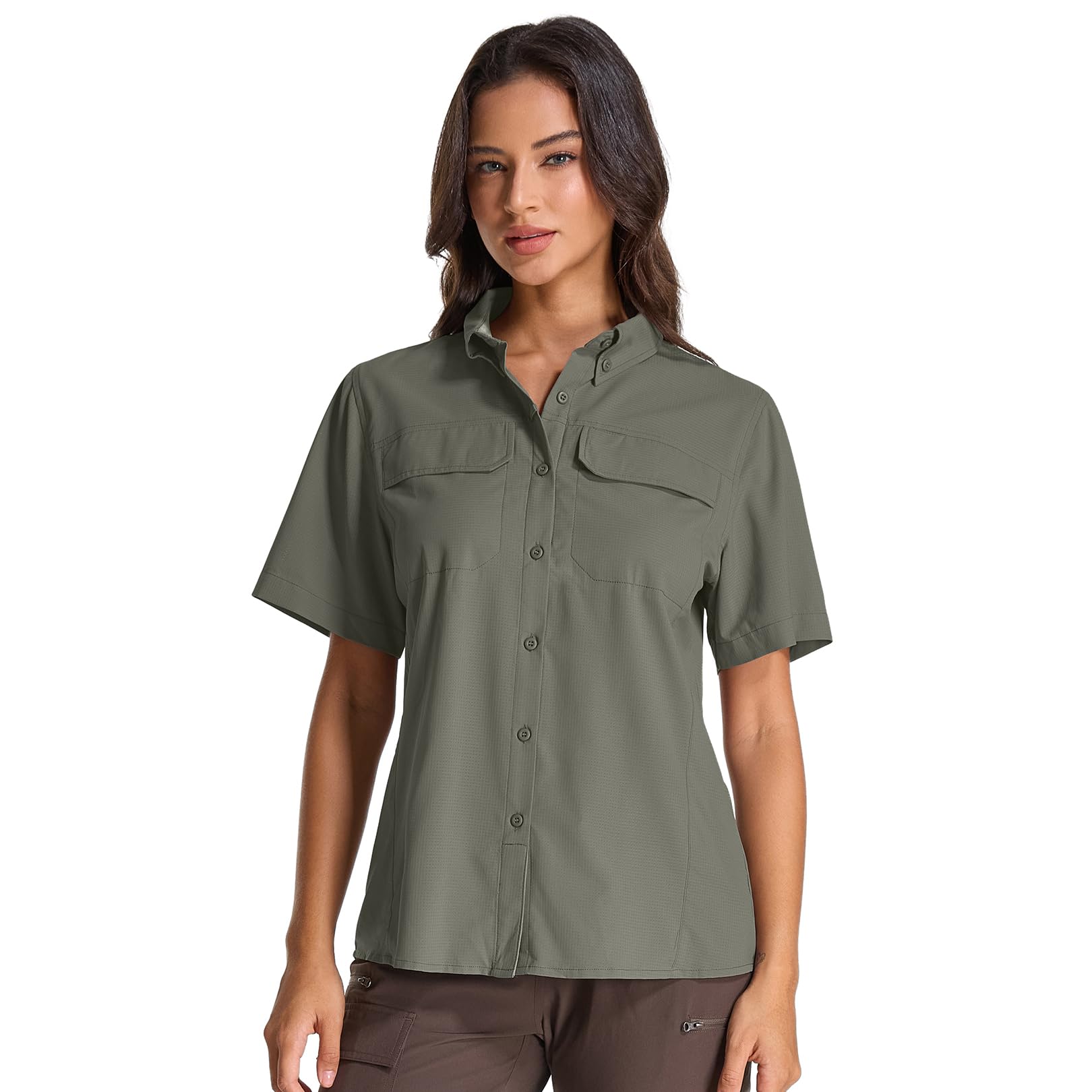 Photo 1 of Womens Safari Hiking Sun Shirts UPF 50+ UV Sun Protection Quick Dry Lightweight Short Sleeve Button Shirts (5080 Grey Green XL)