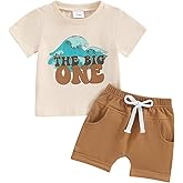 CREAIRY 2Pcs Baby Boy 1st Birthday Outfit The Big One Wave Short Sleeve T-Shirt Tops Shorts Pants Set Summer Clothes