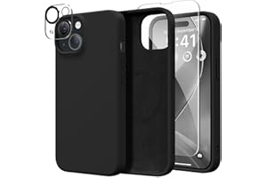 GONEZ for iPhone 13 Case Silicone, Compatible with Magsafe, [2X Screen Protector + 2X Camera Lens Protector], Soft Rubber Slim Shockproof Protective Microfiber Lining Phone Case 6.1", Black