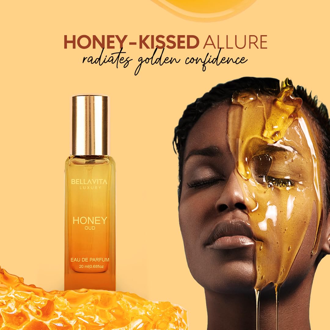 BellaVita Luxury Honey OUD Eau de Parfum Travel Size Edition 20 ml | Long-Lasting Mini Perfumes for Women | Notes: Patchouli, Vanilla, Bergamot & Spicy Notes | Pocket Perfume for Women | Vegan Perfume