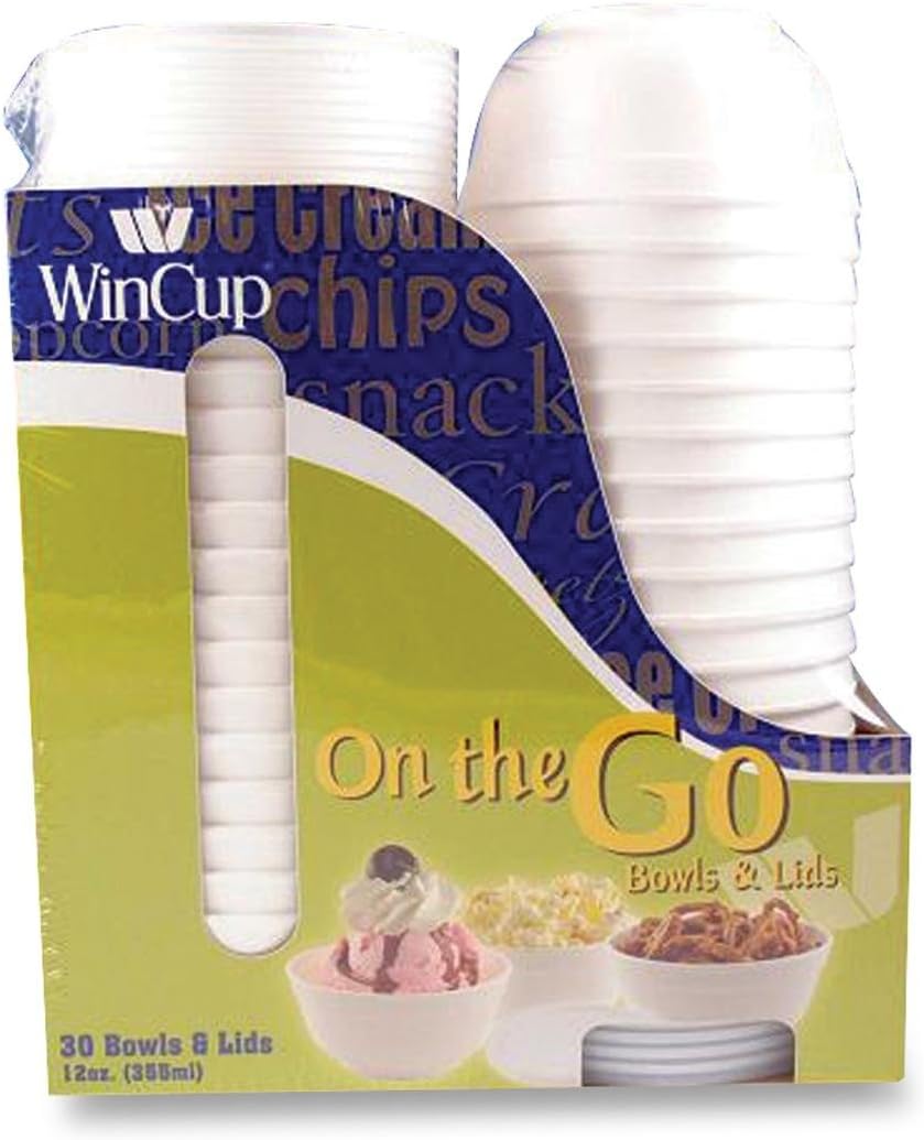 Wincup Foam Bowls w/Lids, 12 Oz., 30/Pack, White (WCP214487