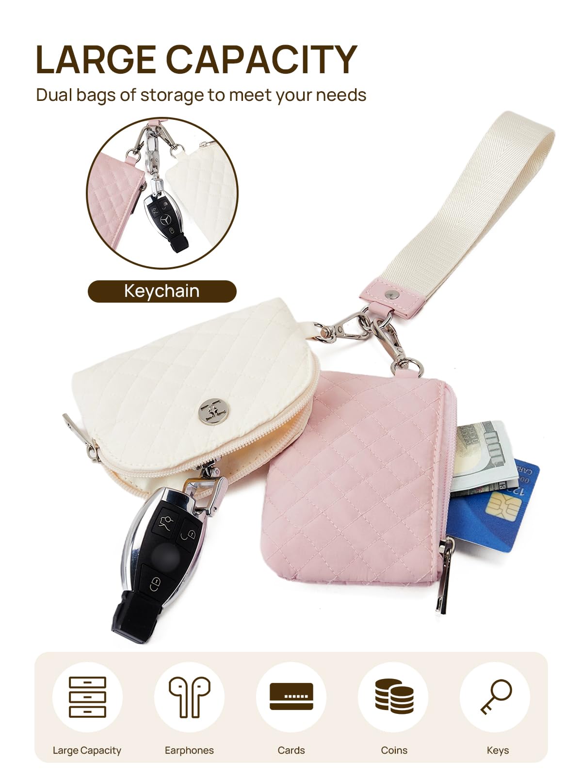 Telena Mini Zip Around Wristlet Wallets for Women Coin Purse Wristlet Keychain Dual Pouch Wallet Beige Pink