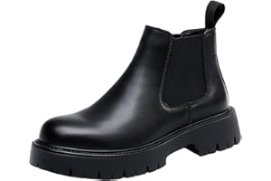 QOOEL Men's Genuine Leather Slip On Chunky Platform Chelsea Boots Luxury Round Toe Lug Sole Work Dress Boots Casual Non Slip Ankle Boots