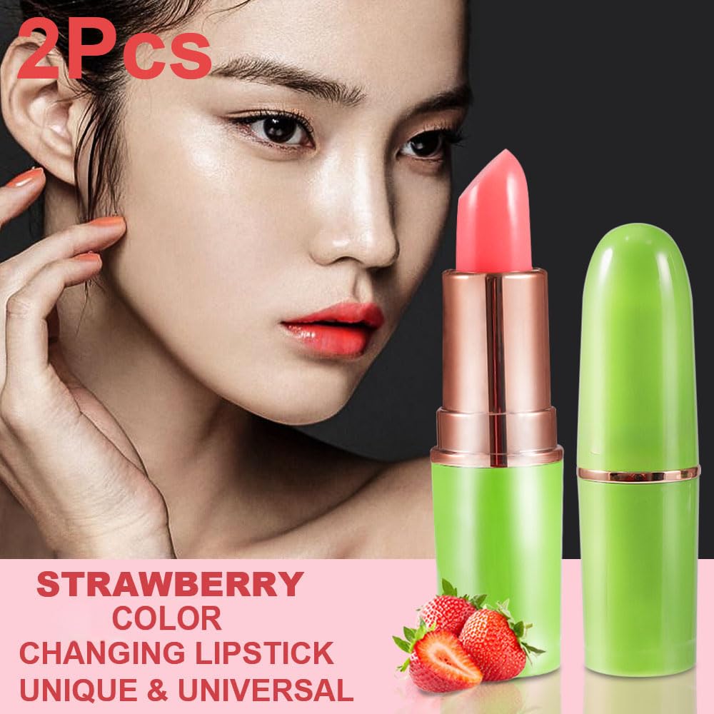 BINGBRUSH Aloe vera Color Changing Lipstick,Moisturizer Long Lasting Lip Care Magic Lip Gloss,Makeup Lipstick Set (2pcs Strawberry, 2 Count (Pack of 1))