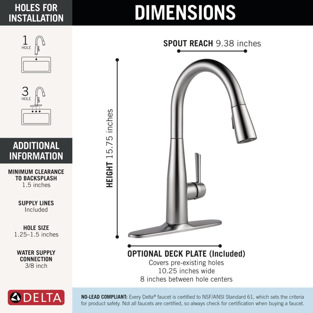 Delta Essa Brushed Nickel Kitchen Faucet with Pull Down Sprayer, Modern Single Hole Kitchen Sink Faucet, Single Handle, Arctic Stainless 9113-AR-DST