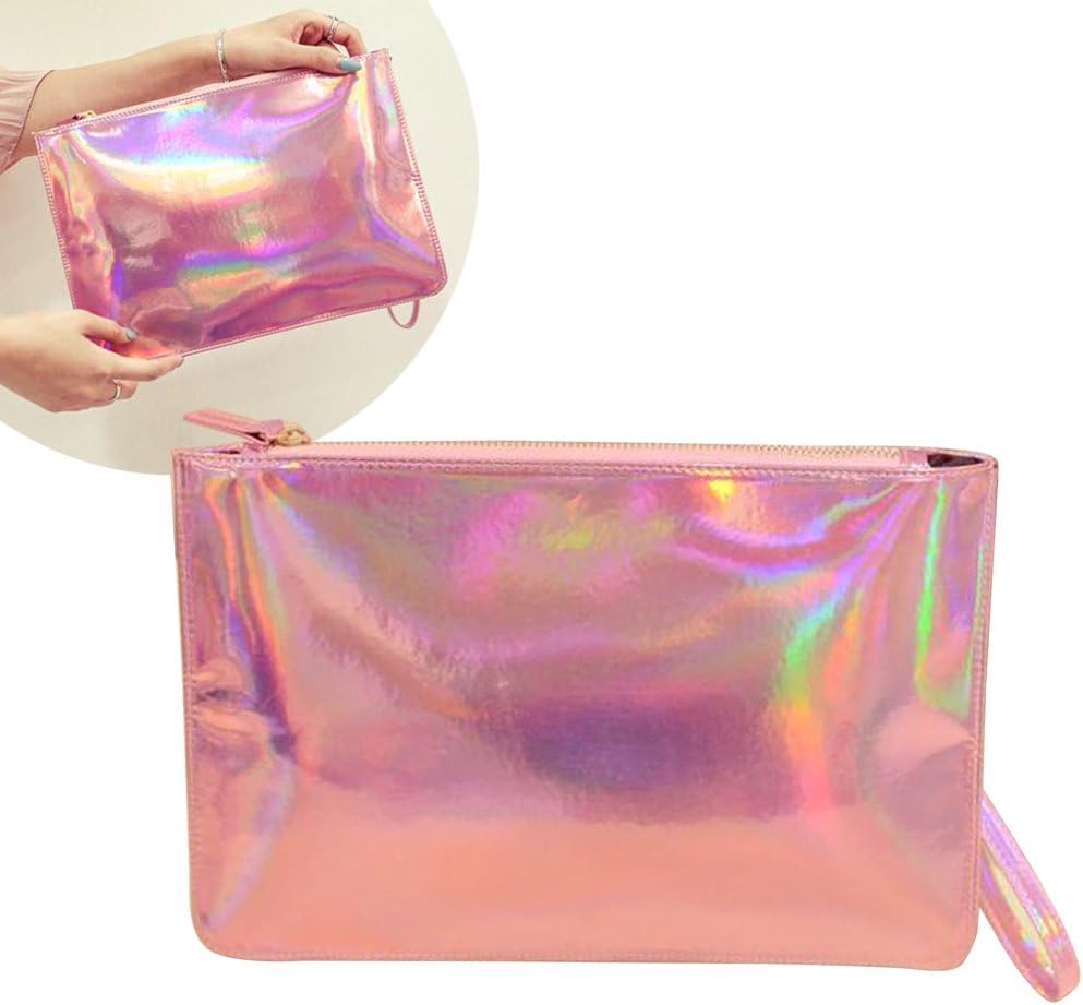 Fashion Women's Holographic Leather Clutch Bag Purse Simple Fashion Laser Envelope Evening Wristlet Handbag, portable waterproof Fashion Focus Cosmetic bag,Shining Evening Bag, Wedding Party (Pink)