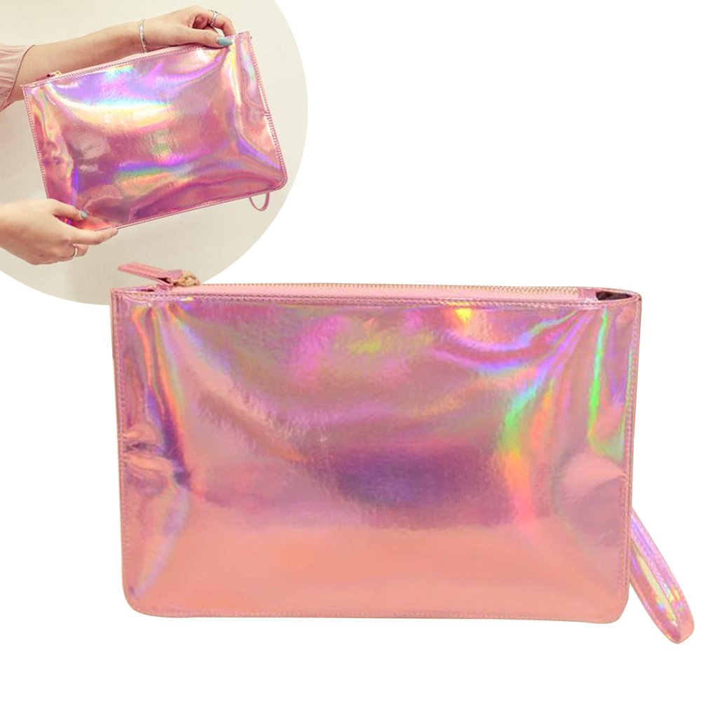 Fashion Women's Holographic Leather Clutch Bag Purse Simple Fashion Laser Envelope Evening Wristlet Handbag, portable waterproof Fashion Focus Cosmetic bag,Shining Evening Bag, Wedding Party (Pink)