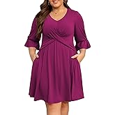 Manllenshie Women's Plus Size Dress 3/4 Ruffle Sleeve V Neck Crossover 2 Pockets Flowy Casual Loose Dress (Rose Red,2XL)