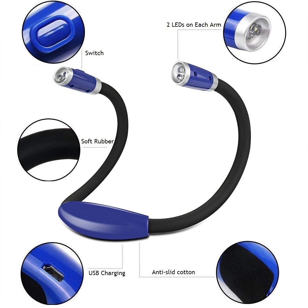 OriFiil LED Neck Light,Rechargeable Book Lights, Flexible Neck Lamp for Reading in Bed or Car, 4 LEDs with 3 Level Adjustable Brightness, Ideal for Kids,Crafts,Knitting, Crochet,Travel or BBQ