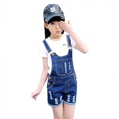 PanpanBox Mädchen Jeans Latzhose Ripped Kurze-Hose Jeans-Shorts Kinder Bib Pants Denim Overall Röhren Hosenanzug mit Löchern 