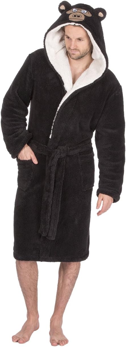 Mens Snuggle Fleece Animal Hooded Dressing Gown. Charcoal Monkey Grey Bear. Sizes M L XL XXL