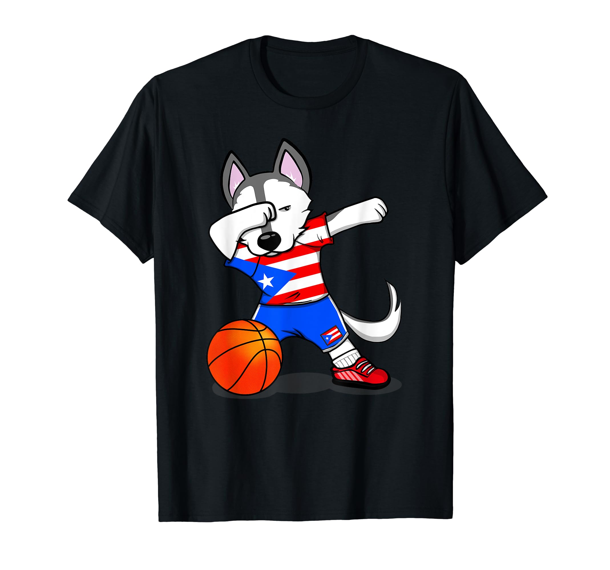 Dabbing Husky Dog Puerto Rico Basketball Fans Jersey Flag T-Shirt