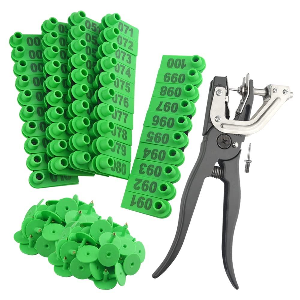 WMYCONGCONG 1-100 Number Green Plastic Livestock Ear Tags with Applicator for Sheep, Goat, Deer & More