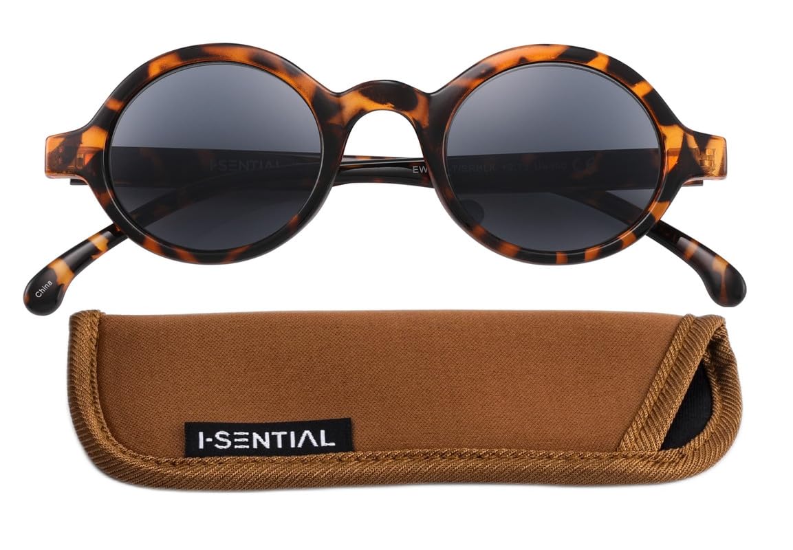 I-Sential Round Reading Sunglasses Tortoise Brown Frame Smoke Black UV400 Tinted Lens Sun Readers Mens Womens Retro Classic & Case +1.50