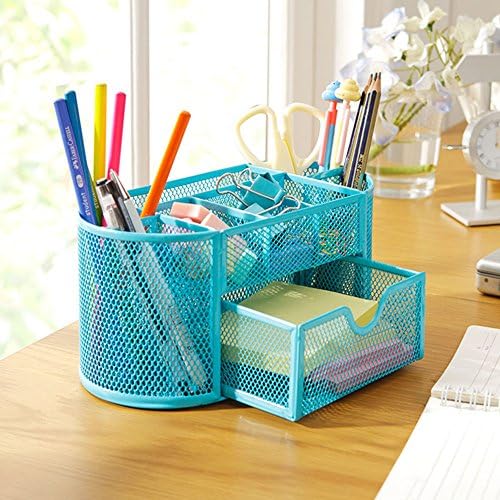 ZESTINN 9 Compartments Multifunction Desk Supplies Organizer Caddy Mesh Oval Pencil Cup with Drawer (Blue)