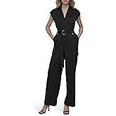 DKNY womens Cap Sleeve Collared Neck Straight Leg Belted Jumpsuit