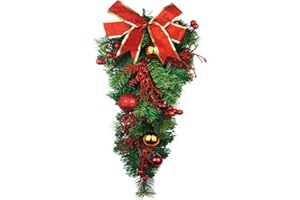 JOJAZE Artificial Christmas Teardrop Swag with Pine Cones Ribbon Bow Hanging Pine Needle Artificial Teardrop Swag Christmas Swag for Indoor Outdoor Home Wall Door Hanging Decor