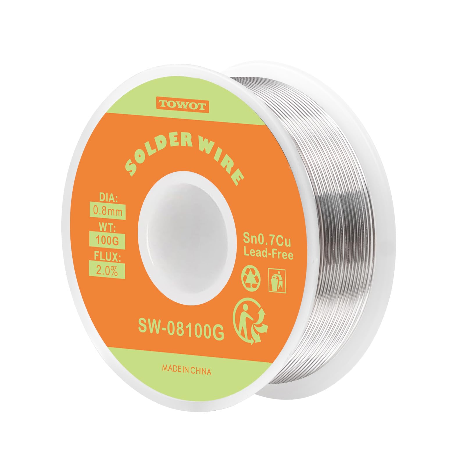 TOWOT Lead Free Rosin Core Solder Wire for Electrical Soldering, Content 2.0% Solder Flux Sn0.7Cu (0.8mm 100g)