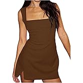 SOLY HUX Women's Summer Sleeveless Mini Dress Square Neck Split Hem Bodycon Party Club Dresses