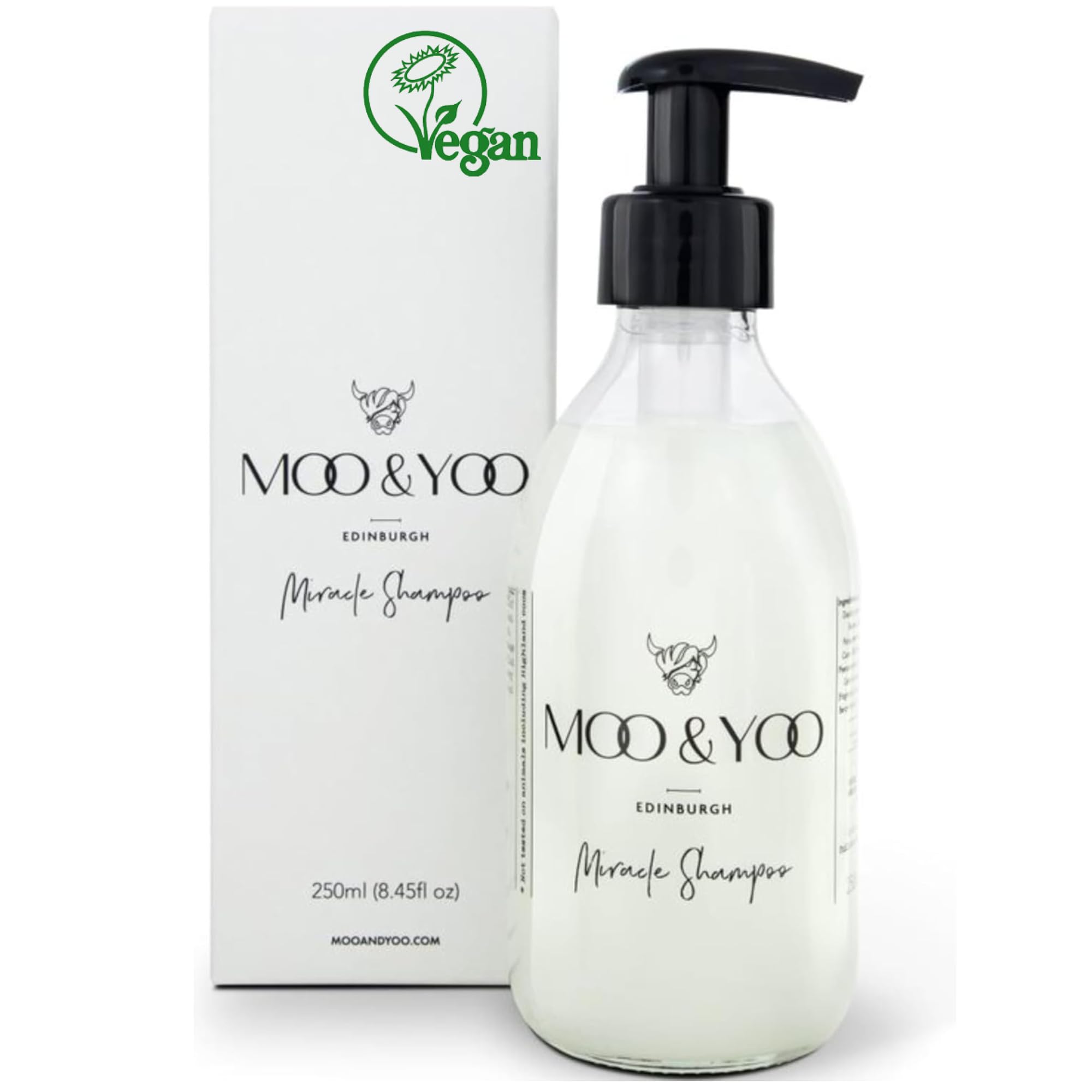 Moo & Yoo Miracle Shampoo – Salon Professional Shampoo - Gentle SLS Free - for All Hair Types – Colour Safe, With Marula Oil & Icelandic Moss – Vegan Cruelty Free – 250ml Glass Bottle