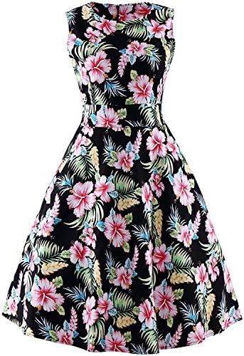 LATUD Women's Sleeveless Vintage Rockabilly Swing Hawaiian Floral Print Dress (US 16, Black)