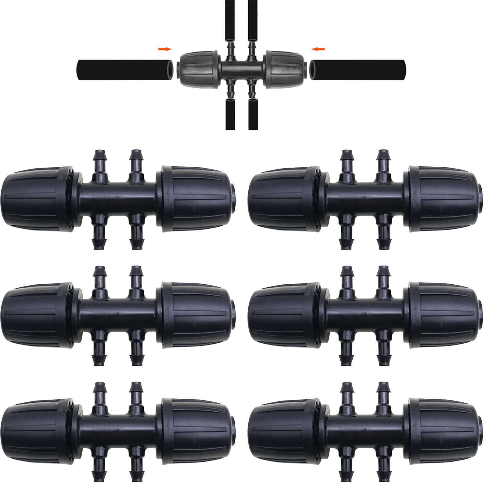 CTRICALVER 6 pcs Barbed Reducing 6-Way Connectors Drip Irrigation, 1/2 inch Irrigation Tube Anti-Drop Premium Quality Fitting
