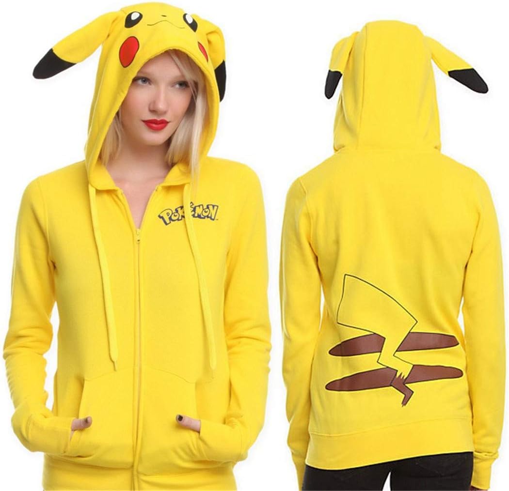 Women's Cardigan Hoodie Cartoon Pikachu Loose Jacket Long Sleeve Sweatshirt Autumn Winter (L) Yellow