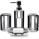 LGURT 4pc Crystal Acrylic Bathroom Set, Brushed Black Edge Accents | soap dispenser, soap dish, rinse cup &amp; holder, with brushed black accent. For apartment, guest bath, or vanity countertop.