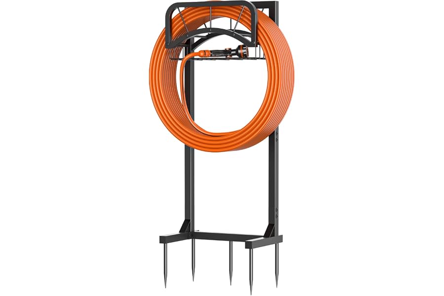arden Hose Holder, Upgraded Heavy Duty Freestanding Water Hose Holder Stand with Storage Basket, Holds Up to 160 FT Hose for Outside Yard Lawn Farm, Black