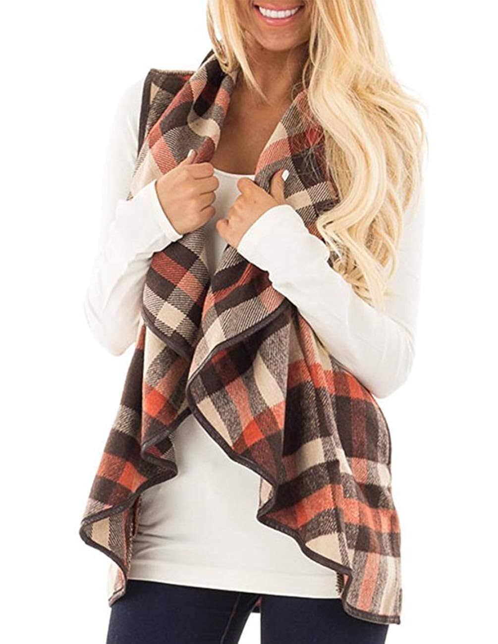 Front Sleeveless Plaid Vest Cardigan 