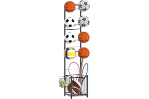 CADUKE Basketball Storage, Vertical Ball Rack for Garage, 8 Balls Sports Ball Holder for Basketball, Soccer, Volleyball, Football, Rackets in Garage, Indoor, Outdoor, Black