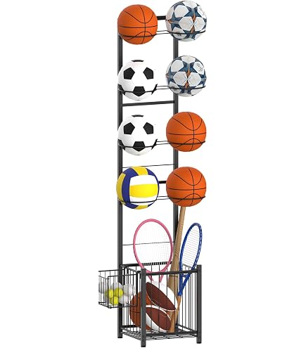 3-Tier Wall Mount Ball Storage Rack – Carbon Steel, Holds Basketballs, Footballs, Volleyballs, 16x62.5cm