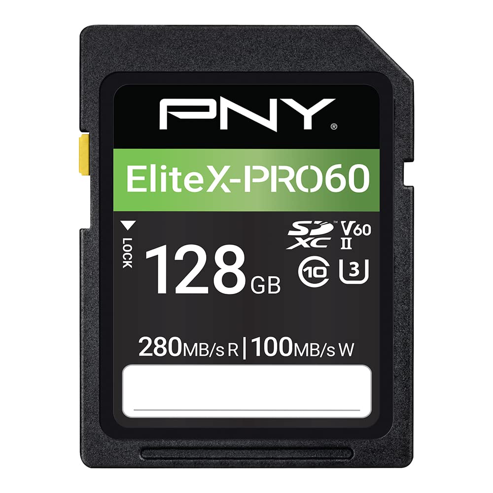 Photo 1 of PNY 128GB EliteX-PRO60 UHS-II SDXC Memory Card - R280MB/s W100MB/s, U3, V60, 4K UHD, Full HD, UHS-II for Professional Photographers & Content Creators, DSLR Mirrorless Cameras, Advanced Video Cameras