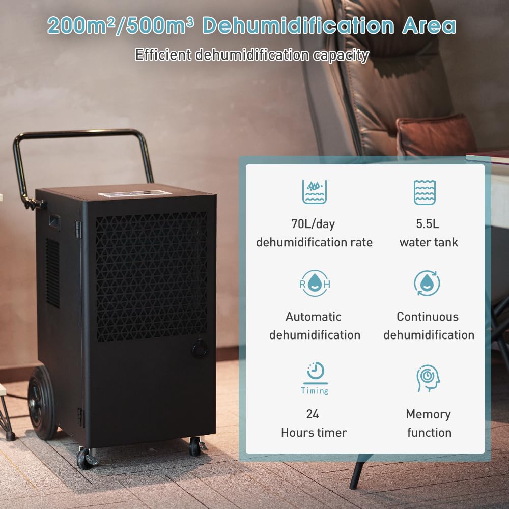 iOCHOW 70L / Tag Industriellen Elektrischer Luftentfeuchter: Fläche 200m2 / 500m3 Bautrockner keller, 24Hr Timer Raumentfeuchter Trocknungsgerät, Tragbarer Entfeuchter Badezimmer mit 5,5L Wassertank 2