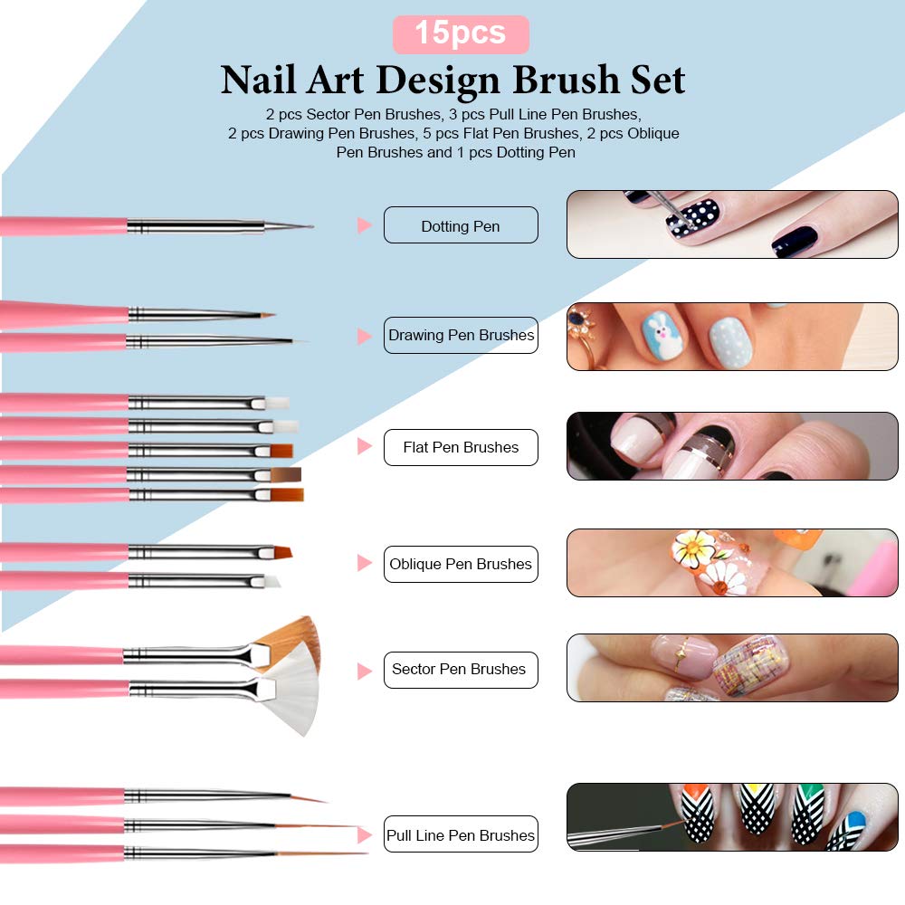 Nail Pen Designer, Teenitor Stamp Nail Art Tool with 15pcs Nail Painting Brushes, Nail Dotting Tool, Nail Foil, Manicure Tape, Color Rhinestones for Nails : Beauty