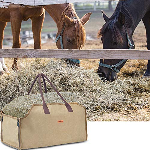 Waxed Canvas Firewood Log Carrier Horse Feeding Tote Wood Carrying Bag Woodpile Fireplace/Camp/Stove/Cabin Durable Heavy Duty Handle - Washed/Resistance soiling Outdoor Indoor(Large Wood Bag-Zipper)