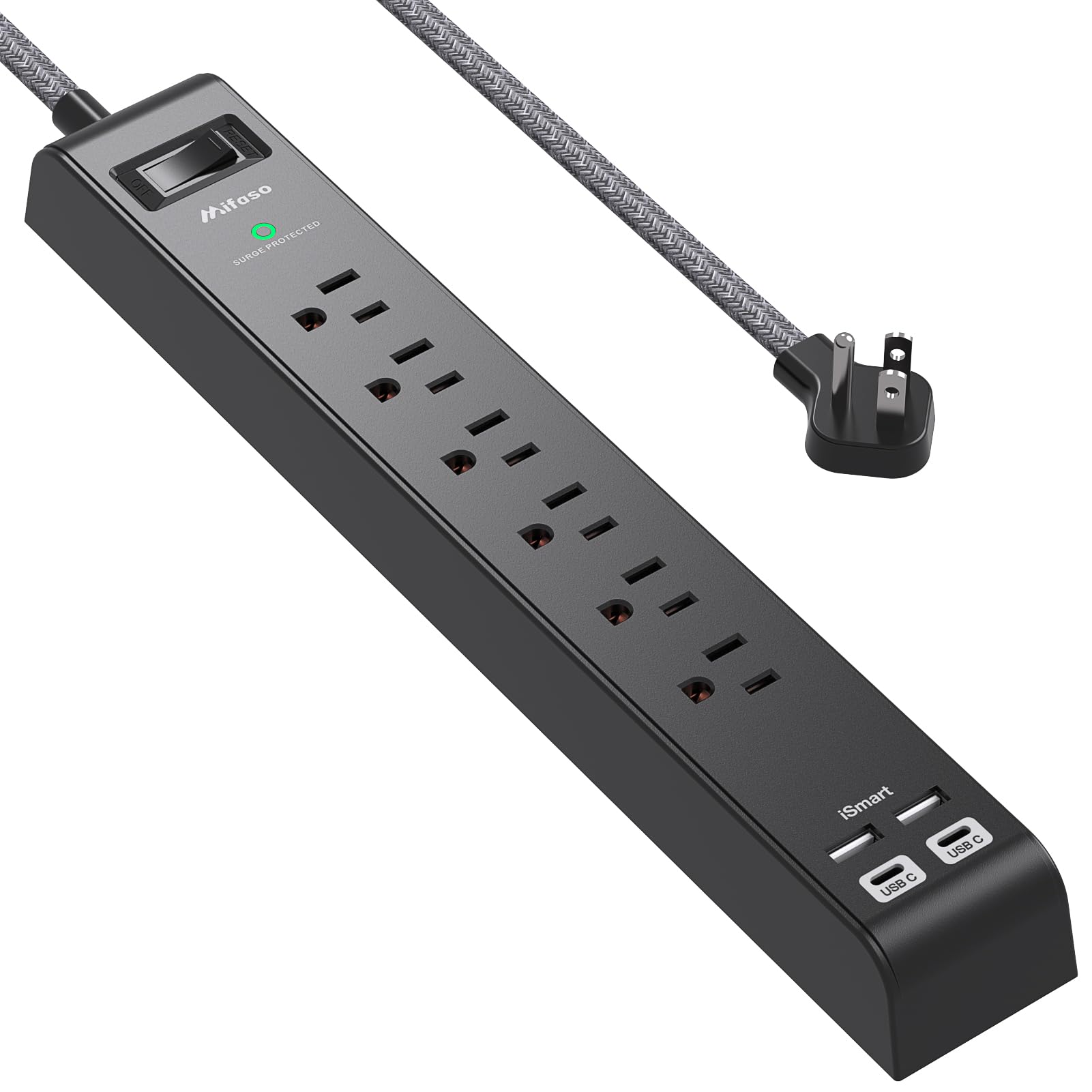 Photo 1 of Surge Protector Power Strip - 6 Outlets 4 USB Charging Ports, 5Ft Braided Extension Cord, Flat Plug, Overload Protection, Wall Mount for Home Office, Dorm Room Essentials, Black