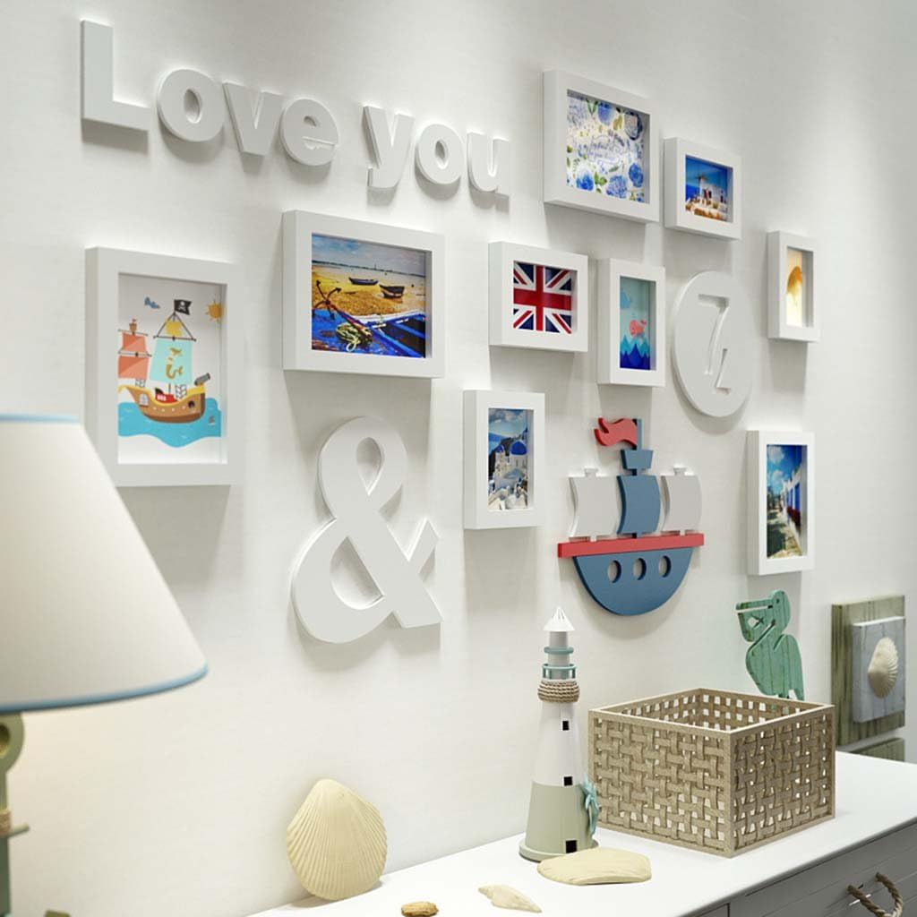 Good Wall Photo 9 Multi Photo Frames Set Pine Wood Blue and White Modern Wall Photo Picture Wall Frame for Living room for Children/with pictures/Sea theme @The harvest season (Color : White)