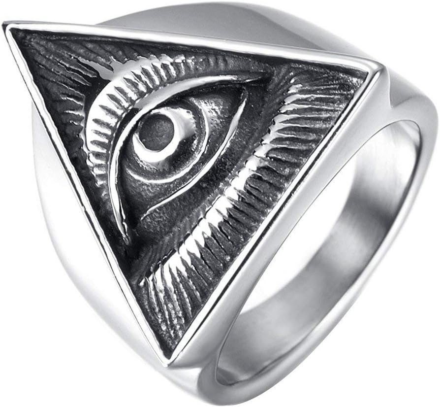 YEBENI Men's Classic Stainless Steel Ring All Seeing Eye of God Signet Biker Band