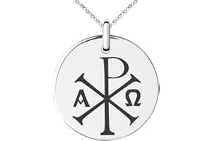 Tioneer Stainless Steel Chi Rho Alpha Omega Symbol Small Medallion Circle Charm Pendant Necklace