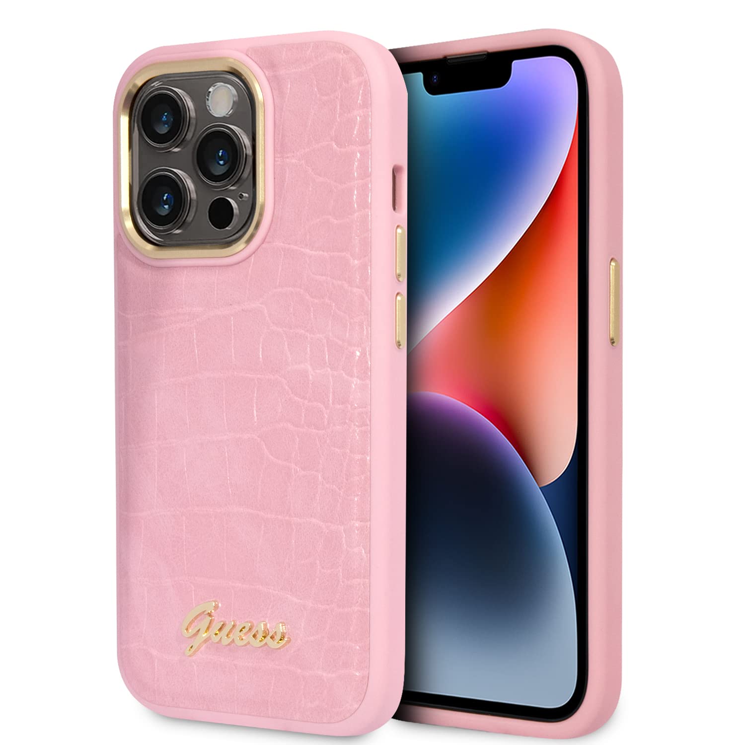 Guess Phone Case for iPhone 14 Pro in Pink Croco Pattern, PU Leather Protective & Anti-Scratch Case with Accessible Ports, Shock Absorption & Signature Logo