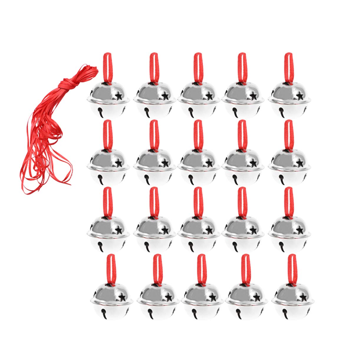 Amosfun 20 Mini Christmas Bells With Star Cutouts - Tree Decoration Ornaments for Holiday Craft Decorations With 10 m Ribbon - 3 cm Silver