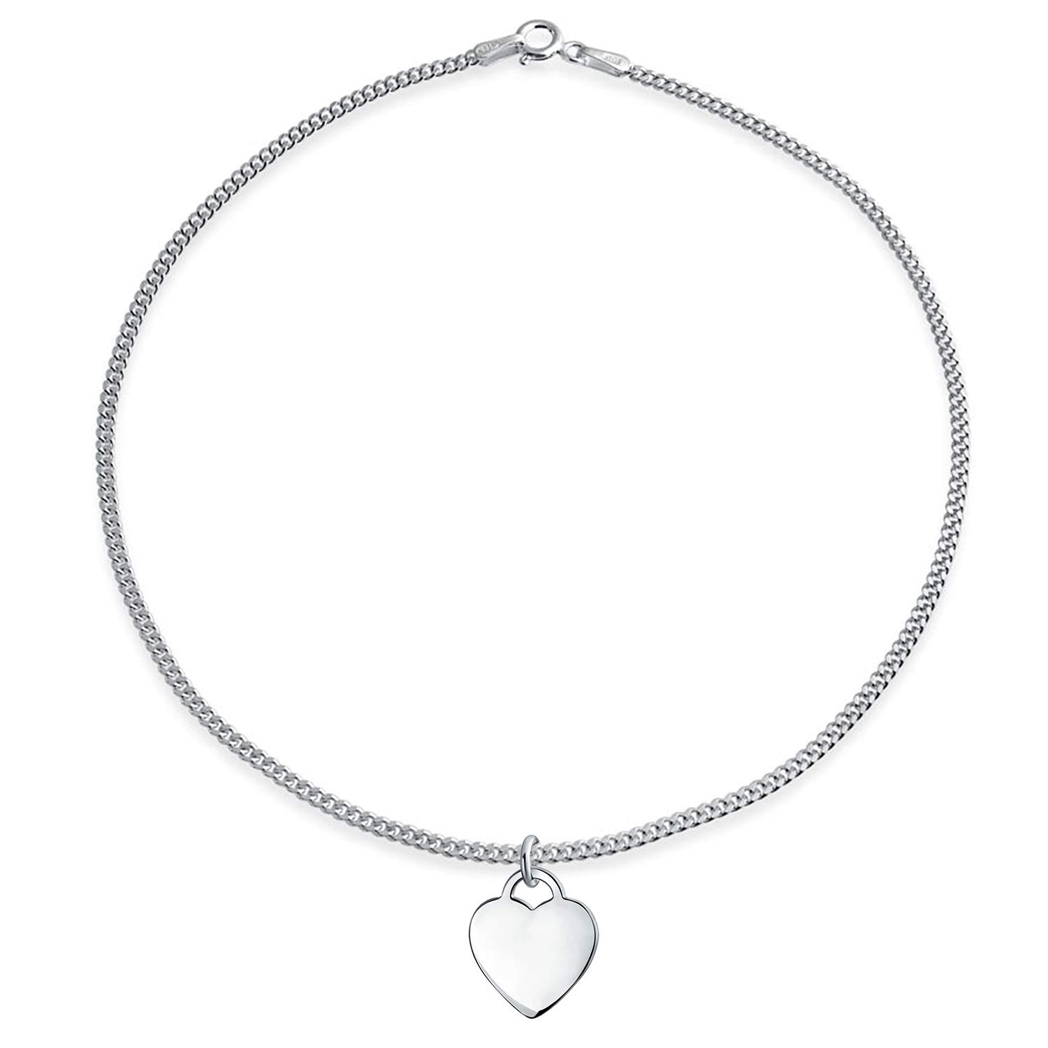 Bling Jewelry Tiny Delicate Minimalist Blank Flat Heart Anklet For Teen For Women .925 Sterling Silver 10 Inch Custom Engrave