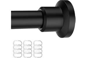 STARLATTA Shower Curtain Rod Tension Rods with 12 Hooks Rings Adjustable Spring Tension Curtain Rod No Drill Matte Black Shower Curtain Rod for Bathroom Kitchen Closet 31 to 80 Inch