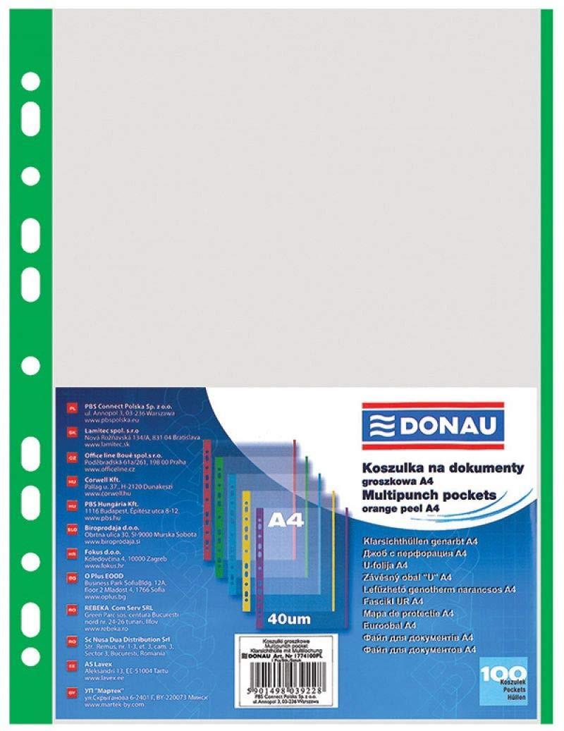 Punched Pockets DONAU PP A4 Orange Peel 40 Micron Coloured Spine Feature Green 100pcs / Document Archiving/Type-Crystal/Kind-Coloured Edge/Material-PP/Colour-Green/Format-A4